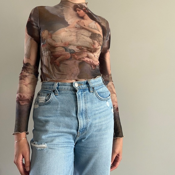 Angels Art Printed Mesh Stretch Crop Top Mock Neck Turtleneck Wearable Art - Picture 2 of 3